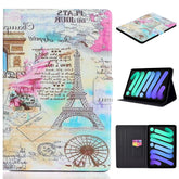 Estuche de cuero con tapa horizontal con dibujo en color, soporte, ranura para tarjetas y función de suspensión/activación, para iPad mini 2024/mini 6